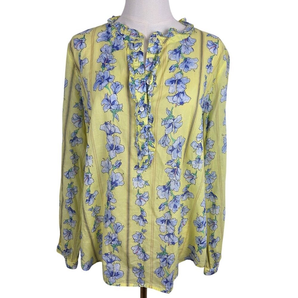Talbots Blouse Petite LP Cotton Feminine Skipping Floral Popover Yellow‎ Blue LS